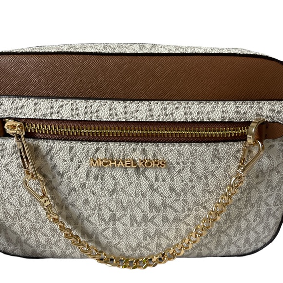 Michael Kors Crossbody Bag Jet Set Large Leather MK print logo Vanilla - Picture 4 of 11